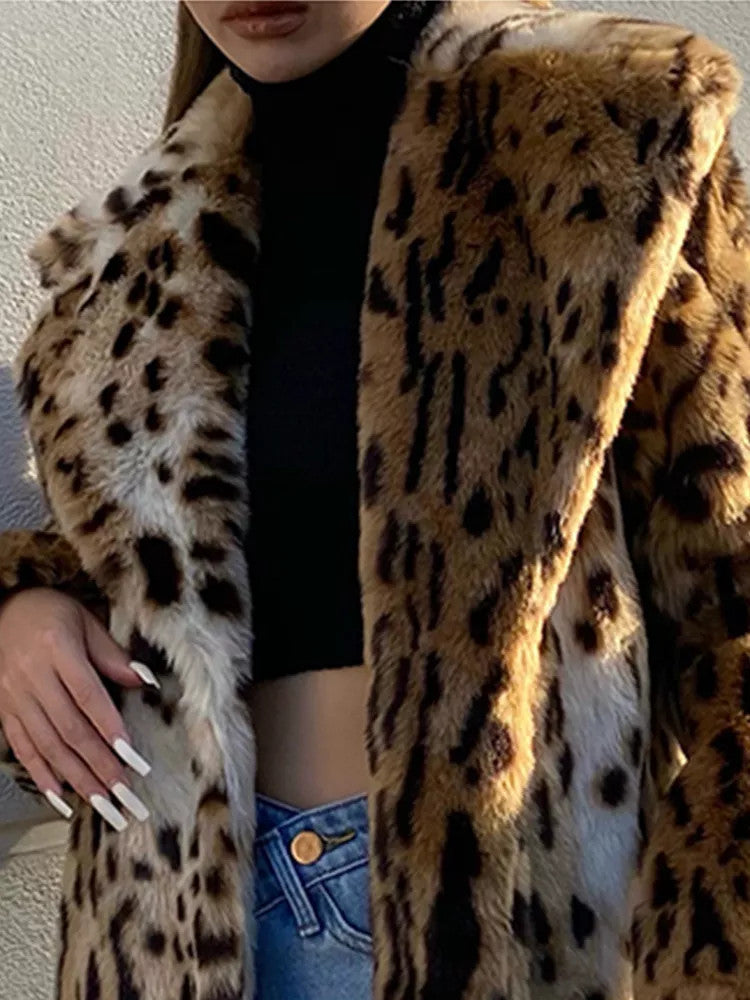 Leopard Print Faux Fur Coat for Women, Sizes S-XXXL