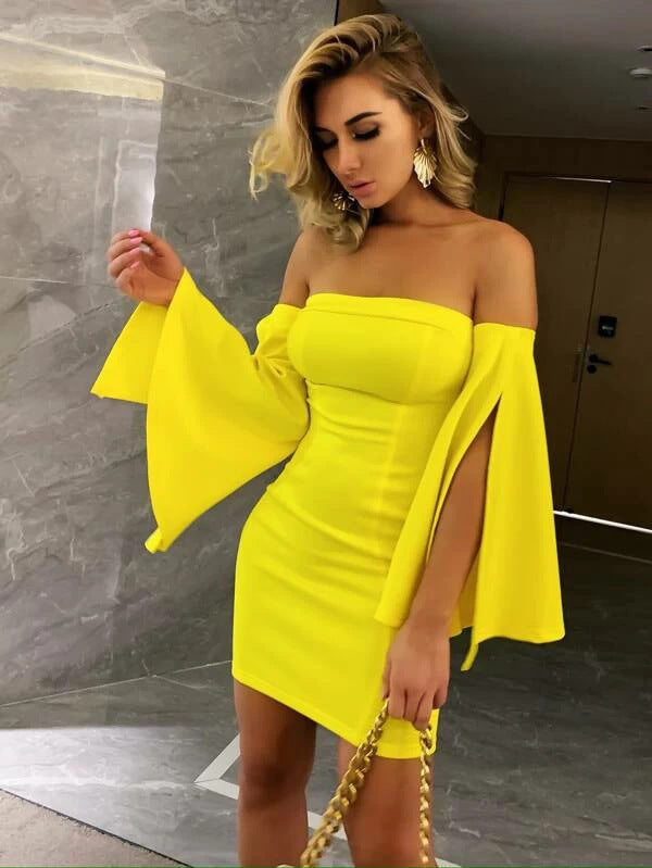 One Word Collar Solid Color Dress with Stitching Detail