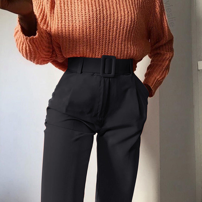 High Waist Slim Solid Color 9-Point Pants