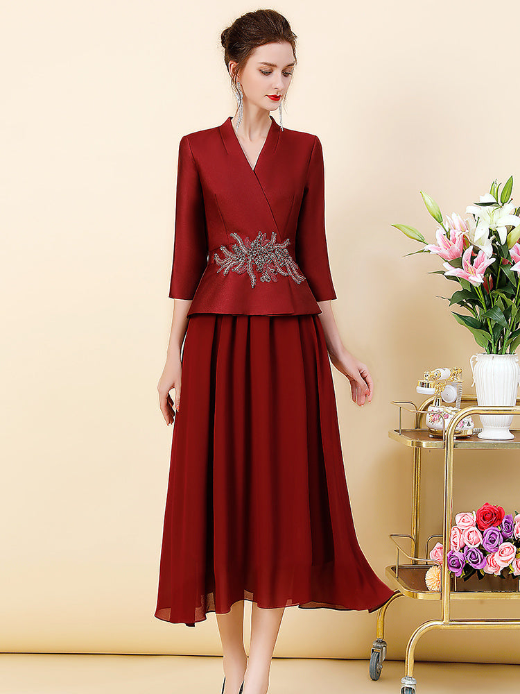 Middle Eastern Elegant Wine Red 2-Piece Suit Set