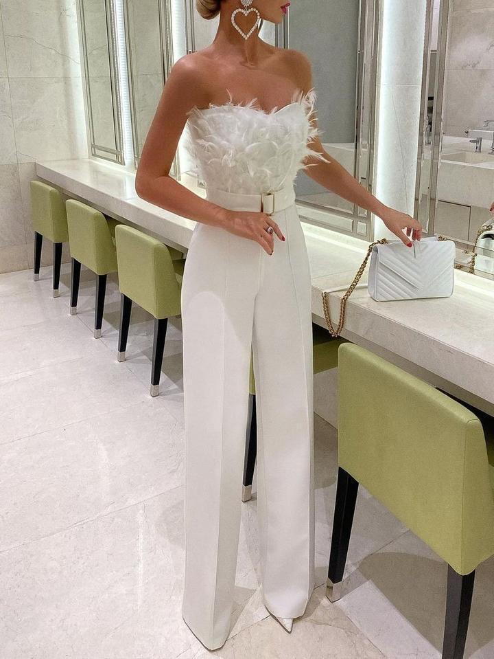 Feather Tube Top Jumpsuit with Embroidery