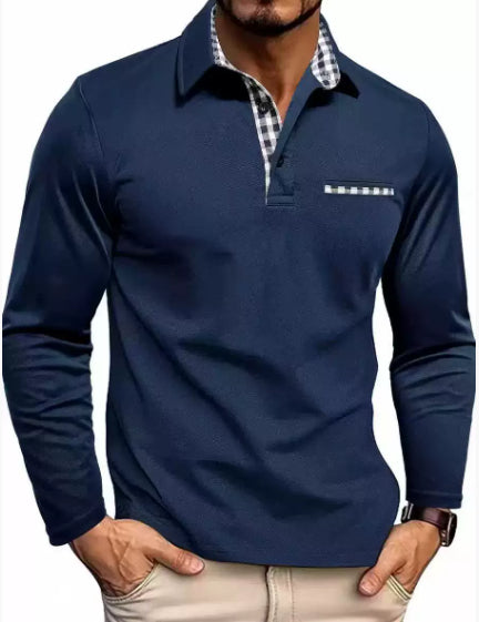 Men's Casual Plaid Splicing Lapel Polo Shirt Long Sleeve Top
