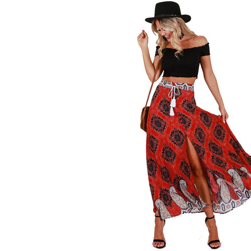 تنورة حمراء مطبوعة قابلة للانكماش بطول دانتيل من ألياف البوليستر S-XL