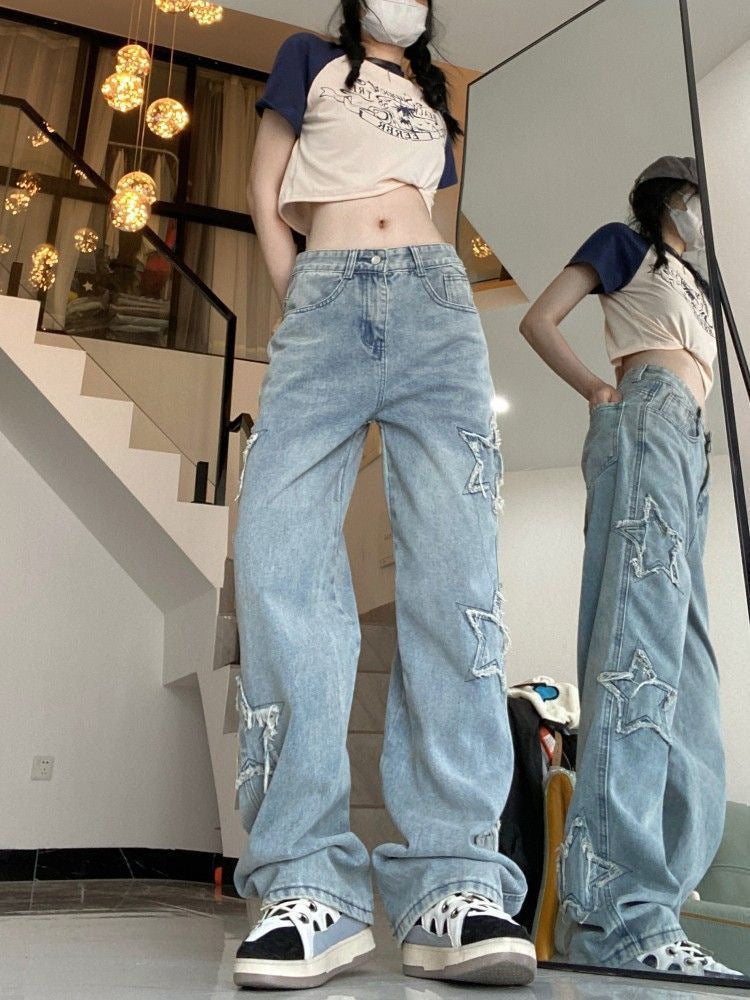 Women's Retro Blue Denim High Street Jeans