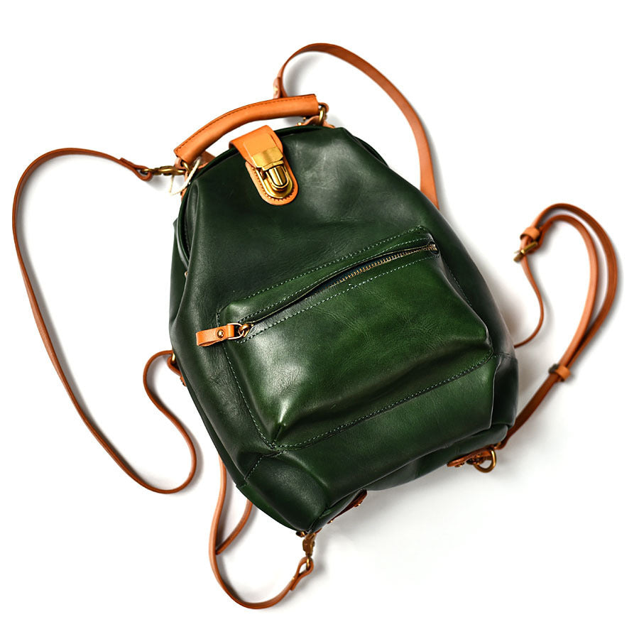 Retro Green Leather Backpack for Women First Layer Cowhide Soft