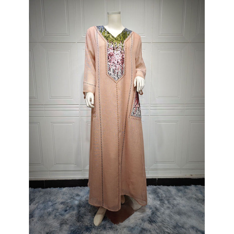 V-Neck Embroidered Sequin Arabian Women's Loose Dress