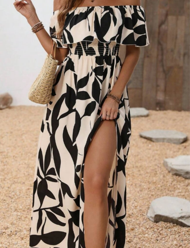 Summer Blue White Botanical Off-Shoulder Split Dress