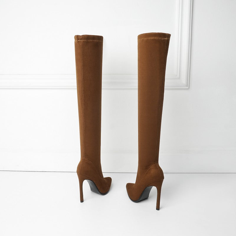 Bottes cuissardes en velours élastique à talons aiguilles