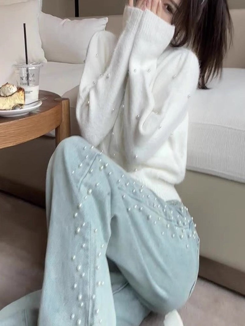 Vintage Washed Light Blue High Waist Wide Leg Denim Jeans