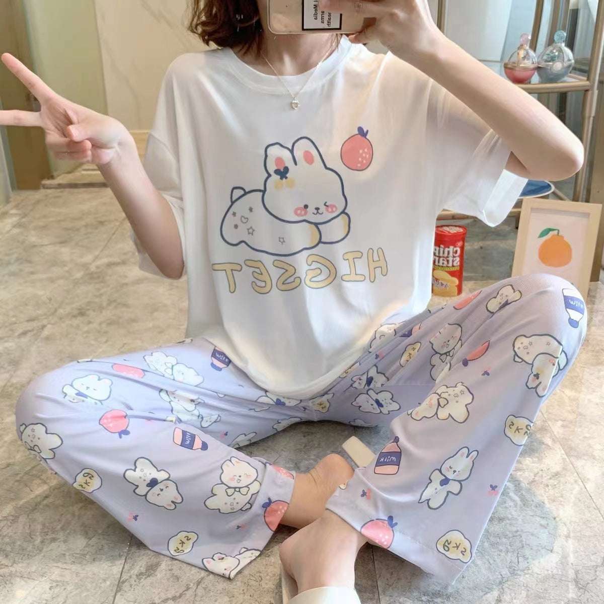 Ensemble de pyjama d'été pour femme à manches courtes et motif dessin animé avec pantalon, Tailles M-XXL