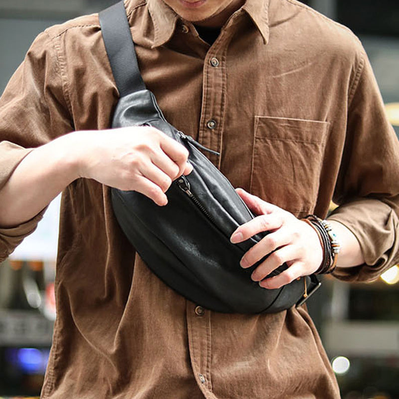 Sac de Poitrine Portable en Cuir de Vachette Noir pour Homme