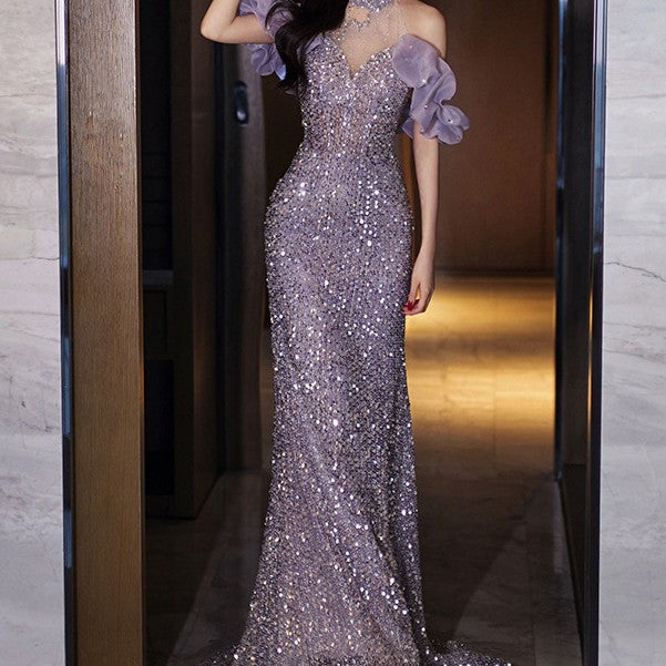 Women's Violet Halter Evening Gown French Style Polyester Sleeveless
