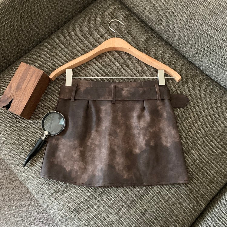 Maillard American Tie-Dyed PU Leather A-Line Skirt for Women