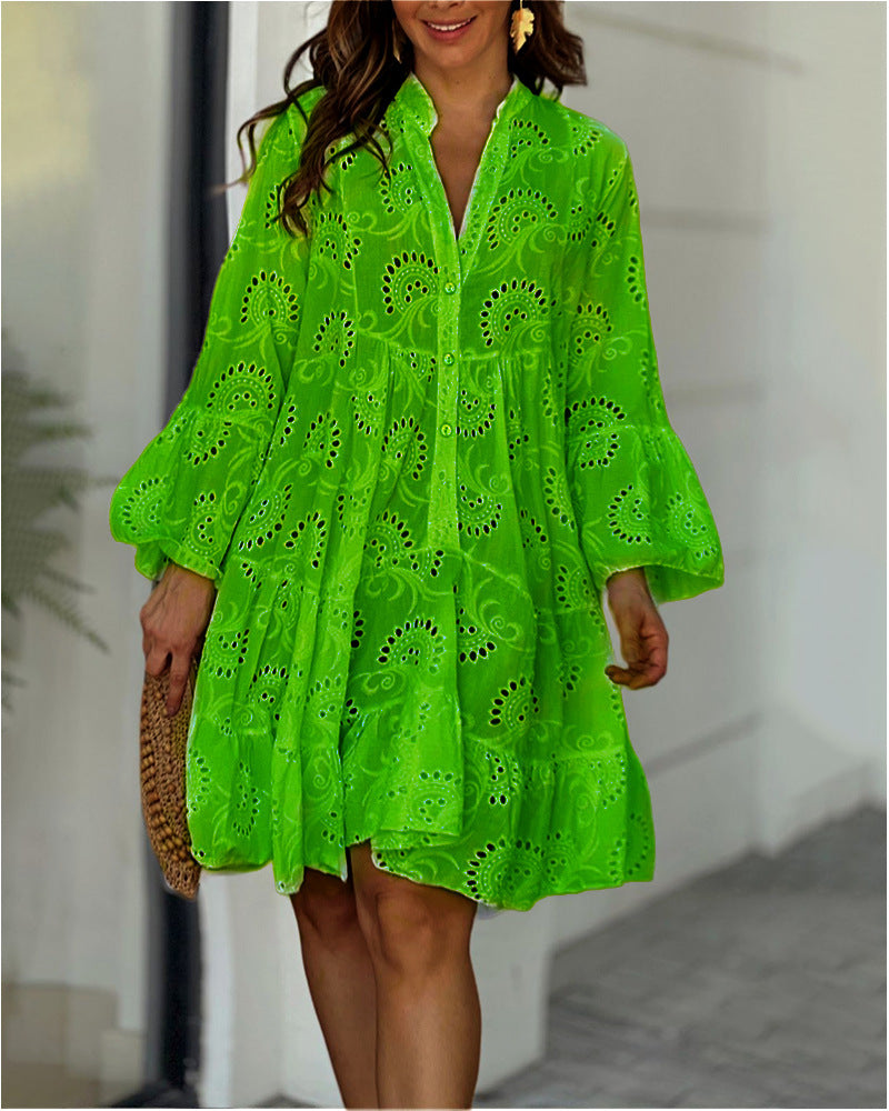 Summer Flower Hollow-out Embroidered V-neck Large Swing Dress