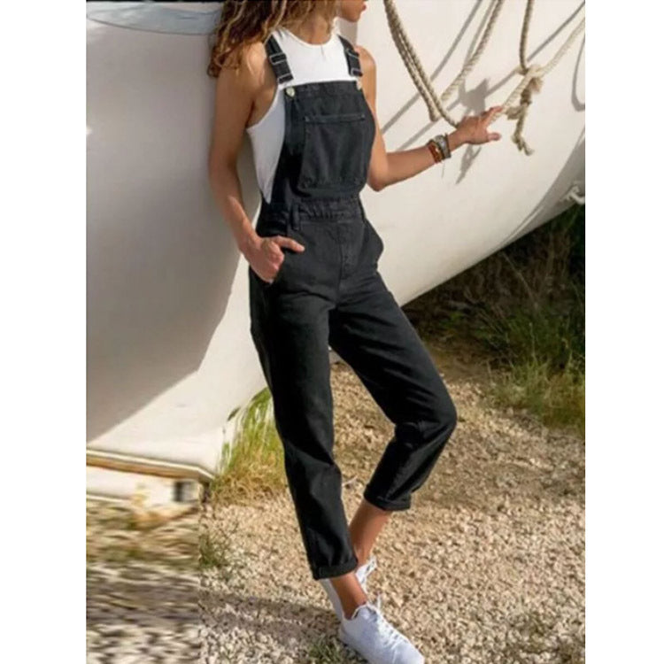 Salopette en jean bleu clair avec bretelles pour femme