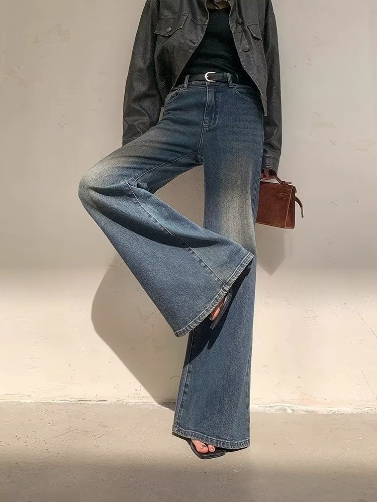 Jeans micro-pull taille haute rétro femme bleu délavé
