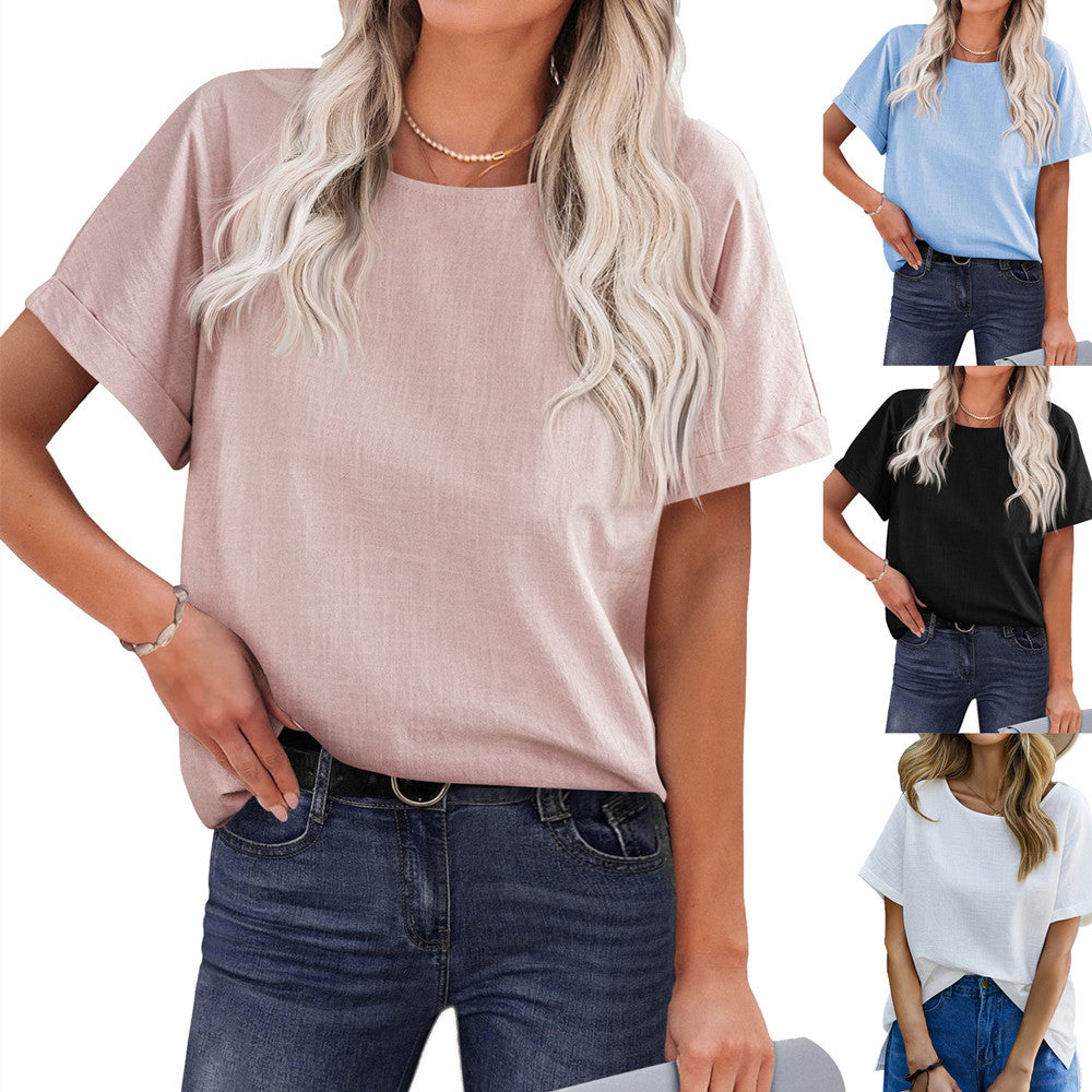 Women's Cotton Linen Short Sleeve Loose Shirt Top