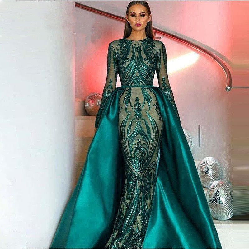 Robe de soirée longue traînante à manches longues pour femmes, disponible en plusieurs couleurs
