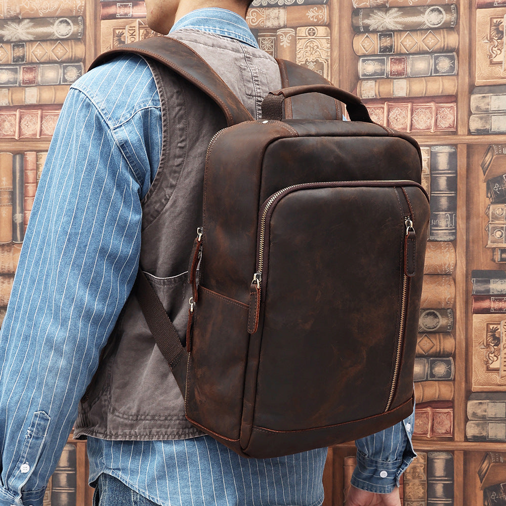 Men's Casual Large Capacity Genuine Leather Outdoor Backpack Brown