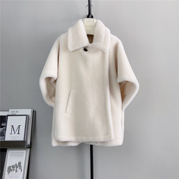 Manteau en laine mi-long ample chauve-souris pour femme avec fourrure d'agneau