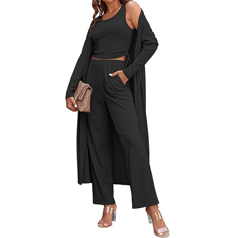 Women's Three Piece Casual Long-sleeved Cardigan Trousers Suit
