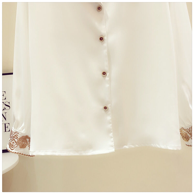 Western Style Embroidery Chiffon Long-sleeved Shirt Women's V-neck All-match Blouse