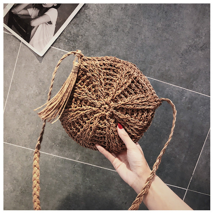 Hollow Round Straw Bag with Zipper – Coffee & Beige, 18x16x23cm