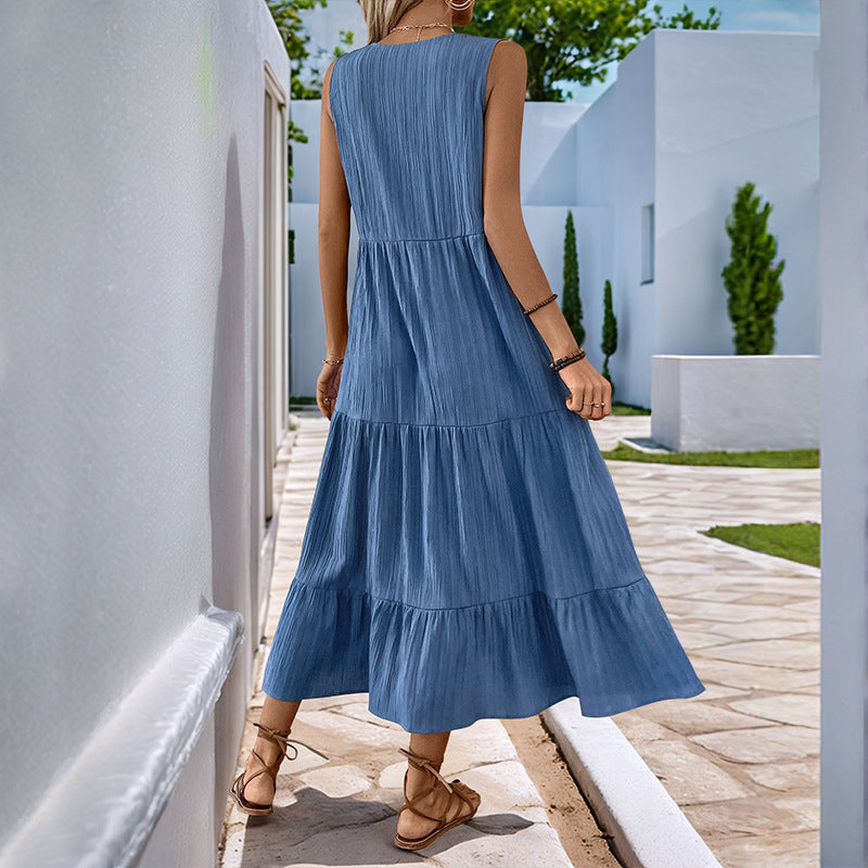 Blue Pleated Sleeveless Stand Collar Dress Mid-Length