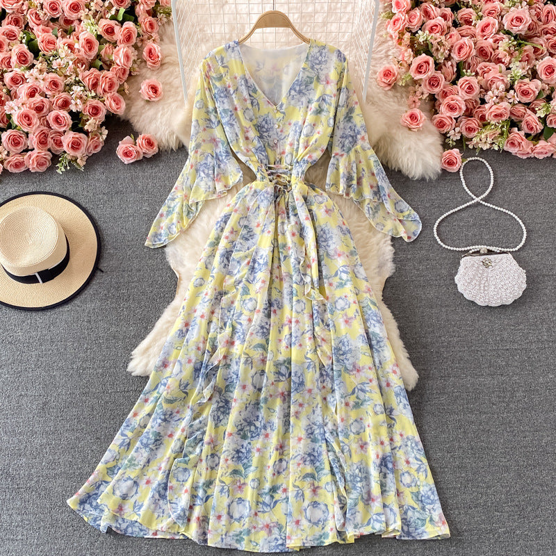 Women's V-Neck Floral Chiffon Dress One Size