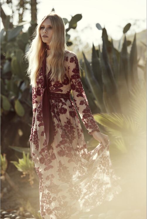 Blue floral embroidery temperament slim deep V-neck dress