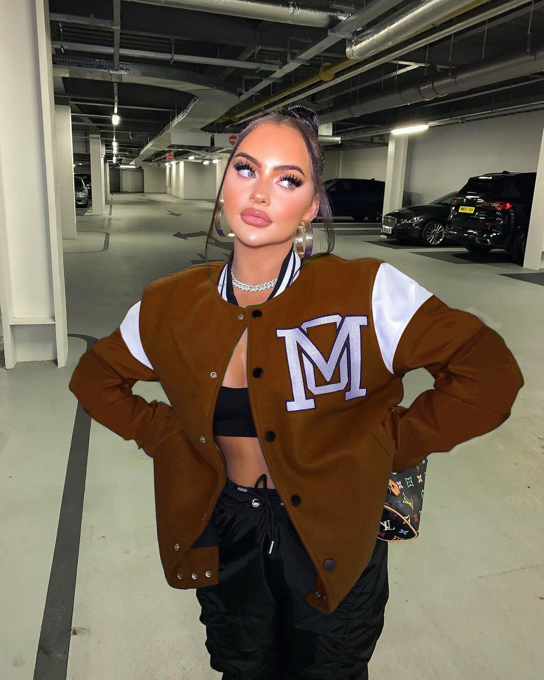 Solid Color Patchwork Letter Offset Baseball Jacket Polyester Fiber