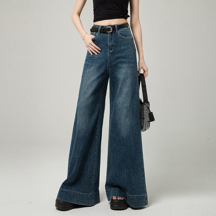 Vintage Blue High Waist Wide Leg Cotton Pants Narrow Version