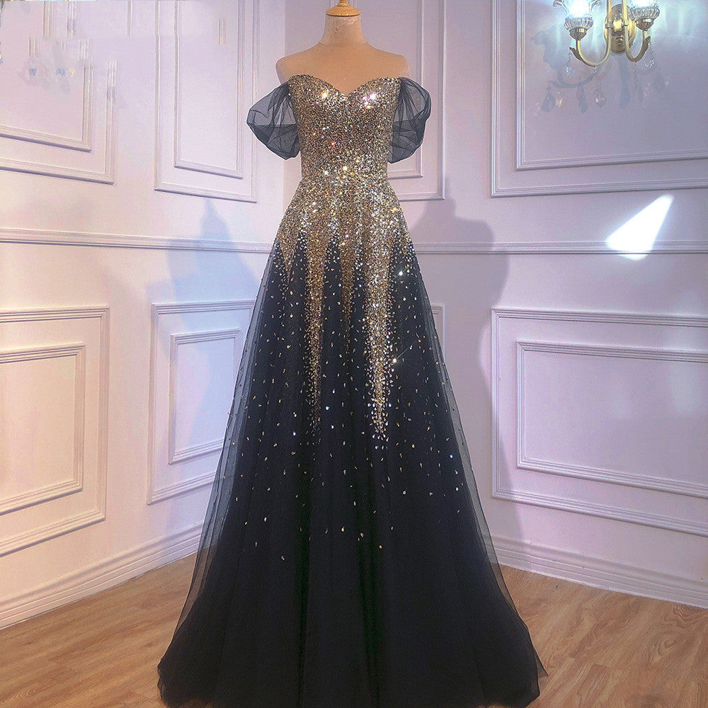 Black Gold Strapless One-Shoulder Evening Wedding Dress for Bride
