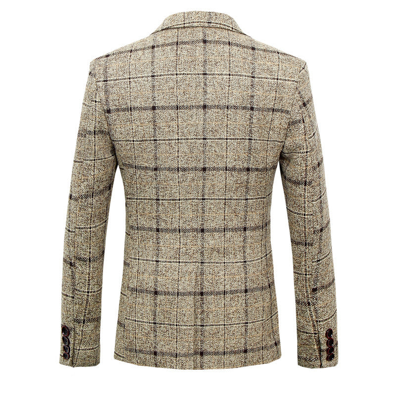 Men's Slim Fit Woolen Plaid Suit Jacket with Lapel Collar