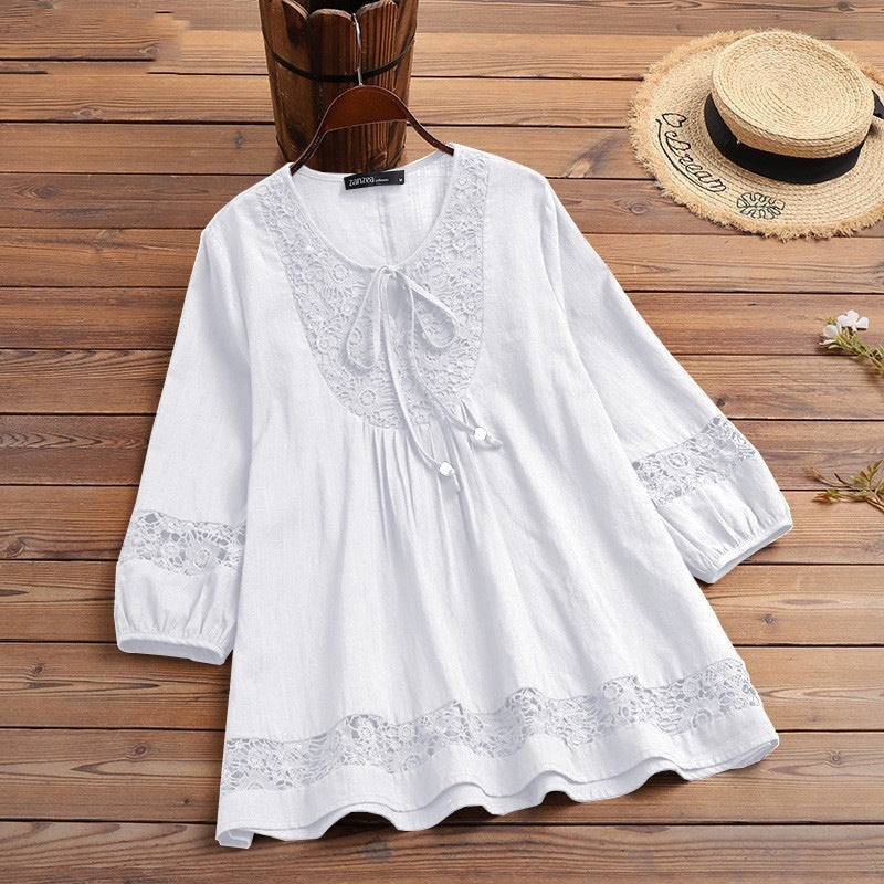 Cotton Linen Lace 3/4 Sleeve Loose Women's Top T-Shirt
