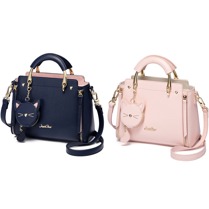 Sac à bandoulière brodé "Dame aux chats" bleu ou rose