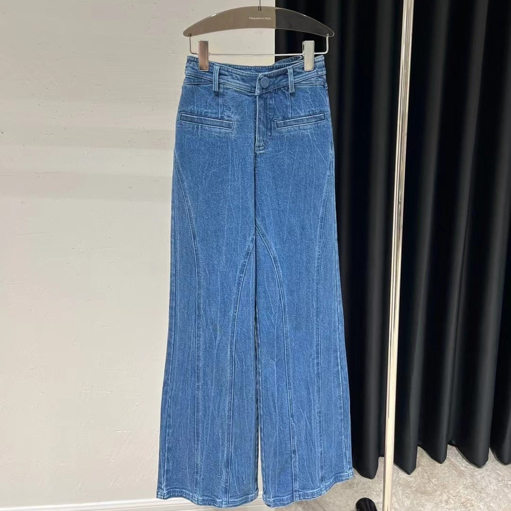 Women's Blue High Waist Cotton Jeans Wide-Leg Straight Trousers