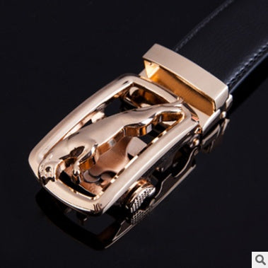 Men's Leather Automatic Buckle Belt 3.55CM Wide with Gold Buckle Head