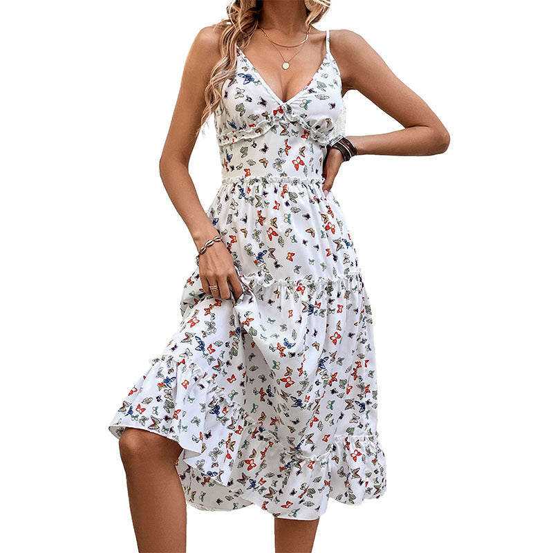 Women's V-Neck Butterfly Print Strap Dress White Polyester