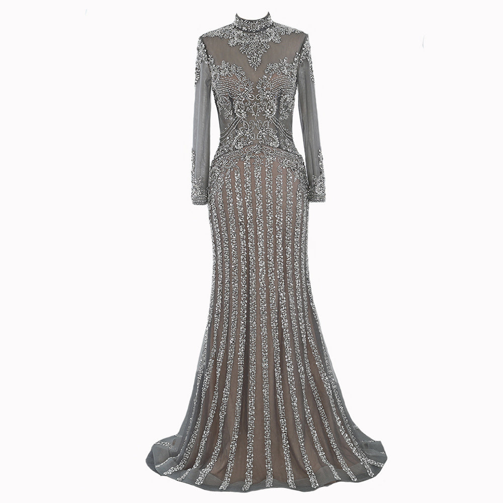 Robe longue moulante à col montant, taille haute et coupe sirène avec fermeture éclair
