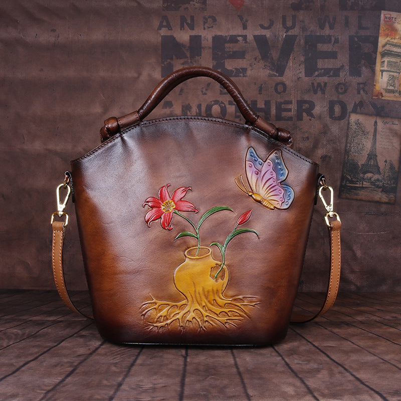 حقيبة يد دلو من الجلد المنقوش بكتف واحد ومطلية يدويًا 26x14x31 سم