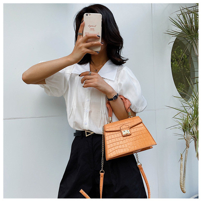 Portable Small Square PU Bag with Soft Handle and Lock Closure