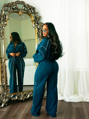 Ensemble veste zippée à surpiqûres contrastées et pantalon large American Hot Girl