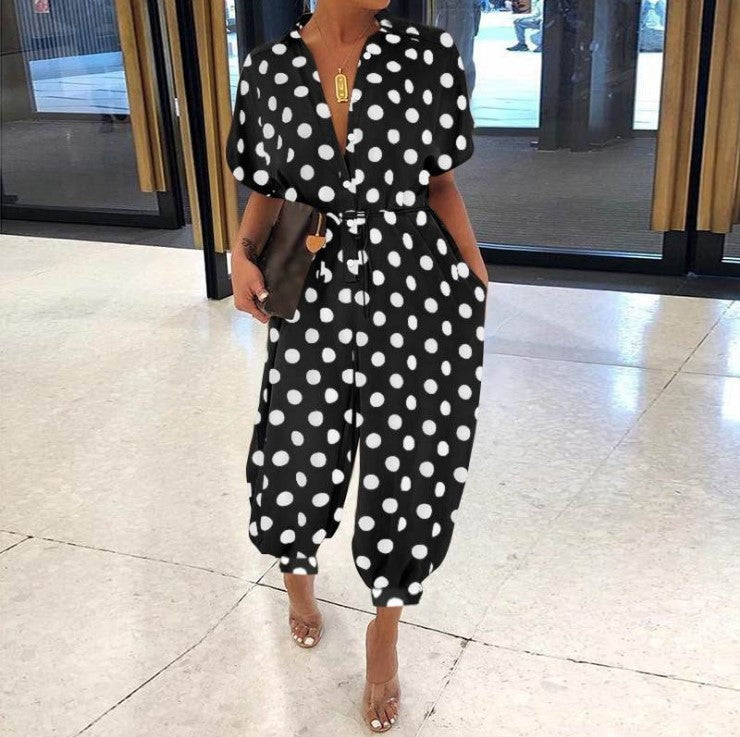 Short Sleeve Buttoned High-Waist Jumpsuit with Belt