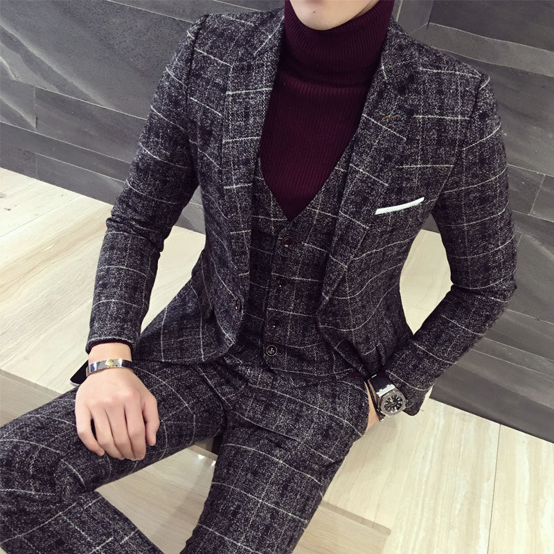 Slim British Casual Check Men's Three-Piece Suit Set