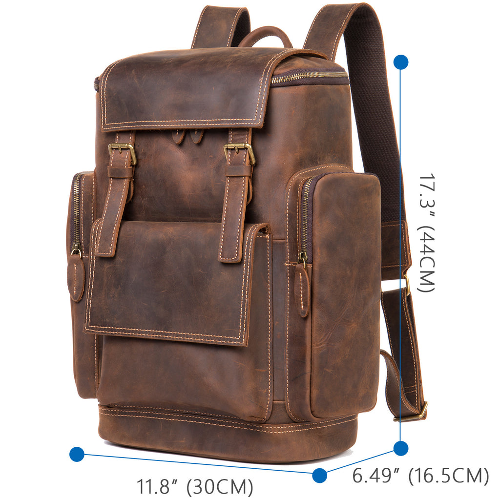 Vintage Crazy Horse Leather Backpack for Men - Coffee