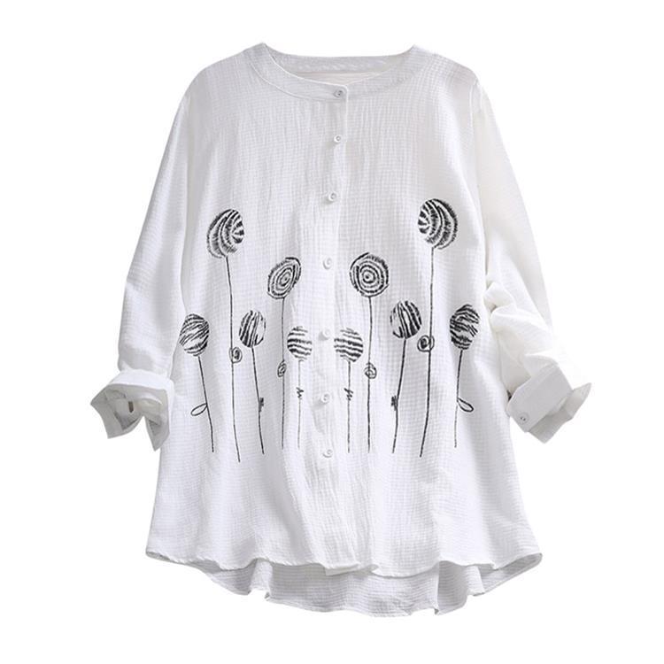 Large Size Retro Long Sleeve Button Print Shirt for Women