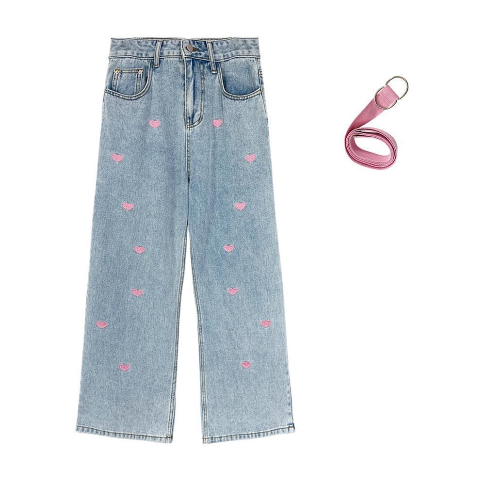 Jean Heart, pantalon droit large, taille haute, coupe ample. 