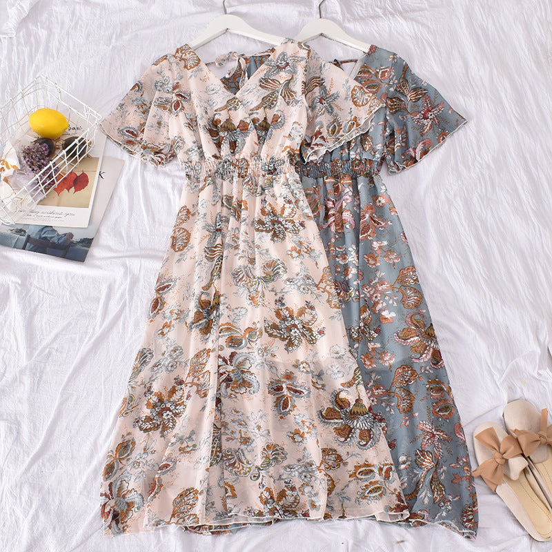 French V-neck dress short sleeve