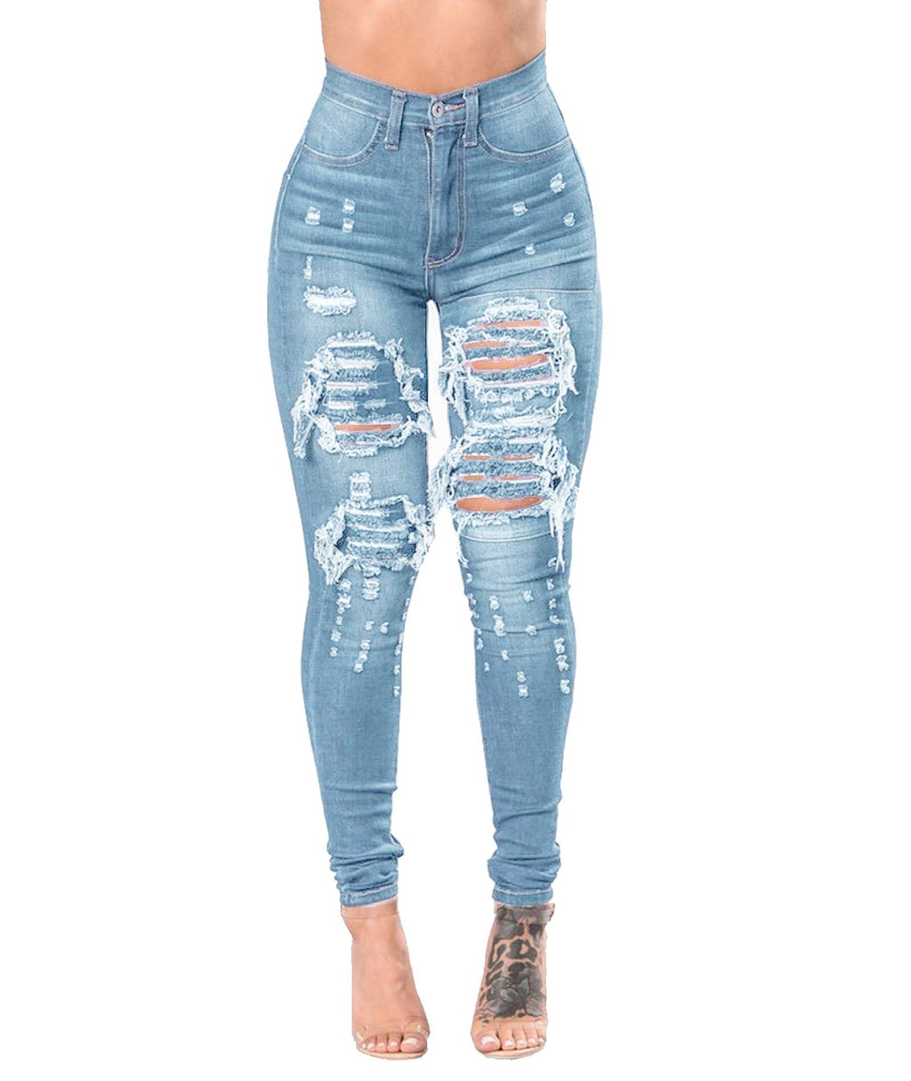 Pantalon en jean bleu délavé déchiré pour femme